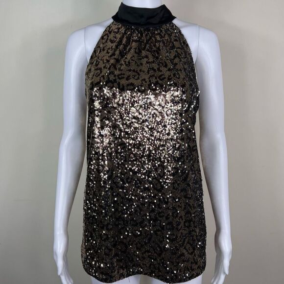 Elie Tahari Sequined Leopard Pattern High Neck Sleeveless Blouse - Picture 1 of 16